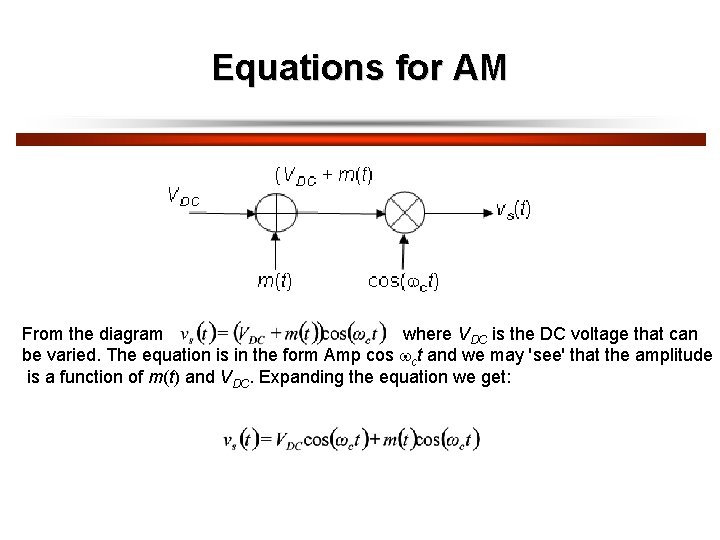 Equations for AM From the diagram where VDC is the DC voltage that can