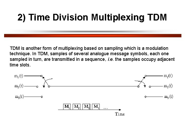 2) Time Division Multiplexing TDM is another form of multiplexing based on sampling which