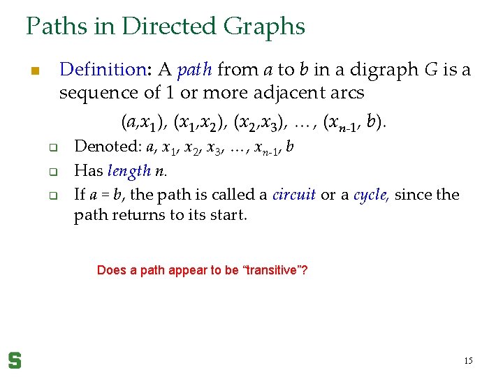 Paths in Directed Graphs Definition: A path from a to b in a digraph
