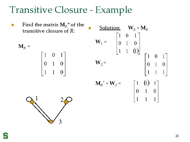 Transitive Closure - Example n Find the matrix MR* of the transitive closure of