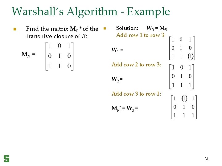 Warshall’s Algorithm - Example n Find the matrix MR* of the transitive closure of