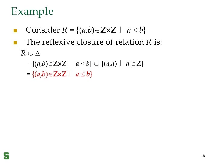 Example n n Consider R = {(a, b) Z Z | a < b}