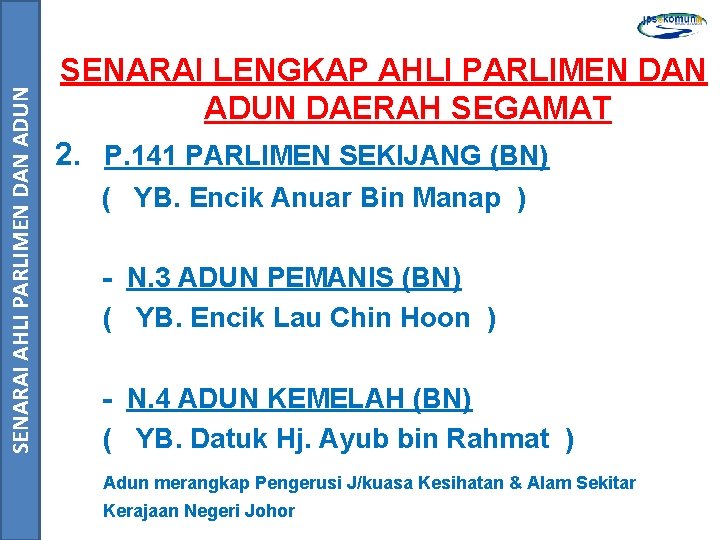 SENARAI AHLI PARLIMEN DAN ADUN SENARAI LENGKAP AHLI PARLIMEN DAN ADUN DAERAH SEGAMAT 2.