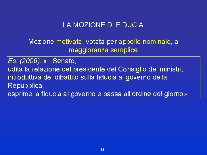 LA MOZIONE DI FIDUCIA Mozione motivata, votata per appello nominale, a maggioranza semplice Es.