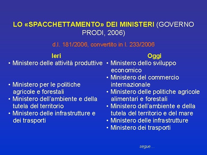 LO «SPACCHETTAMENTO» DEI MINISTERI (GOVERNO PRODI, 2006) d. l. 181/2006, convertito in l. 233/2006