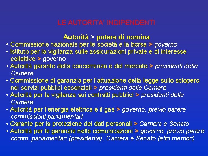 LE AUTORITA’ INDIPENDENTI Autorità > potere di nomina • Commissione nazionale per le società