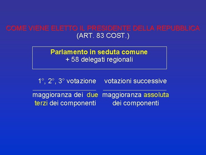 COME VIENE ELETTO IL PRESIDENTE DELLA REPUBBLICA (ART. 83 COST. ) Parlamento in seduta