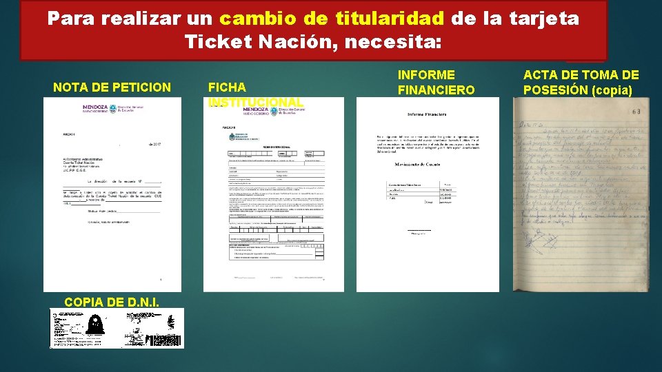 Para realizar un cambio de titularidad de la tarjeta Ticket Nación, necesita: NOTA DE