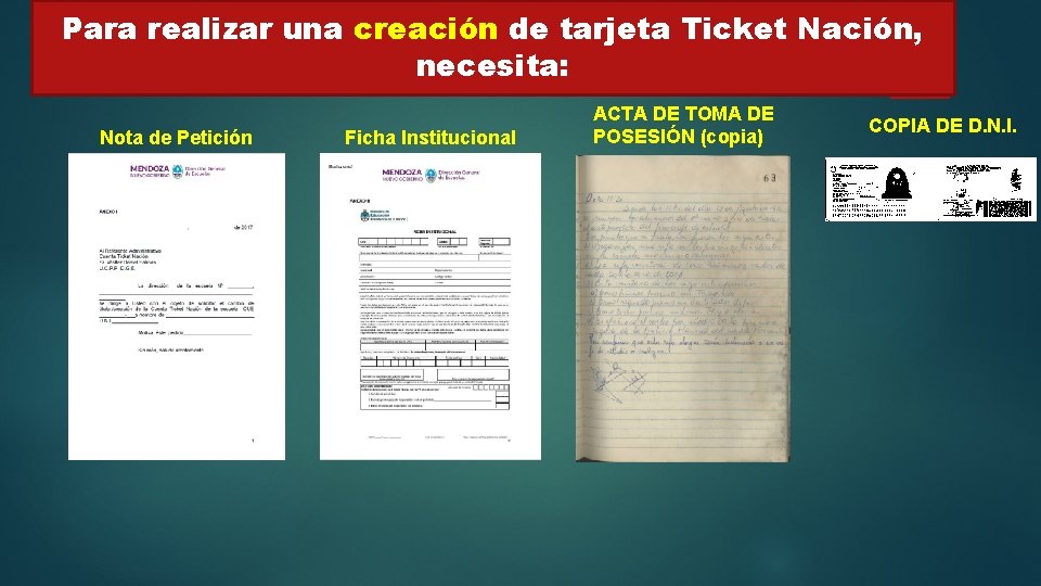 Para realizar una creación de tarjeta Ticket Nación, necesita: Nota de Petición Ficha Institucional