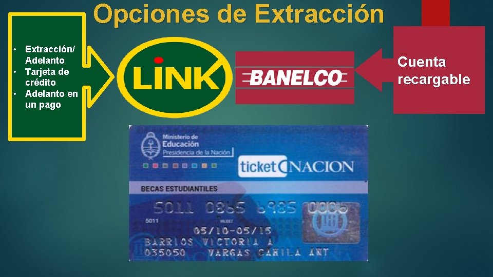 Opciones de Extracción • Extracción/ Adelanto • Tarjeta de crédito • Adelanto en un