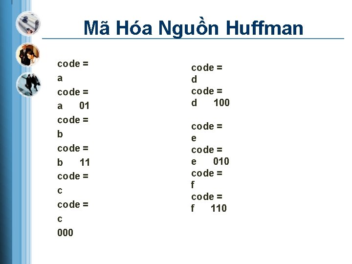 Mã Hóa Nguồn Huffman code = a 01 code = b 11 code =