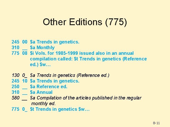 Other Editions (775) 245 00 $a Trends in genetics. 310 __ $a Monthly 775