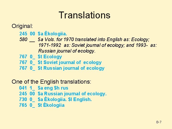 Translations Original: 245 00 $a Ėkologiia. 580 __ $a Vols. for 1970 translated into