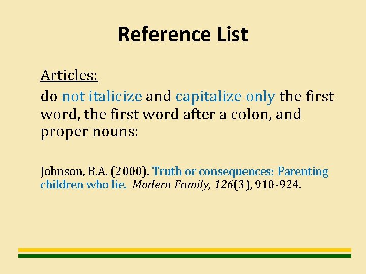 Reference List Articles: do not italicize and capitalize only the first word, the first