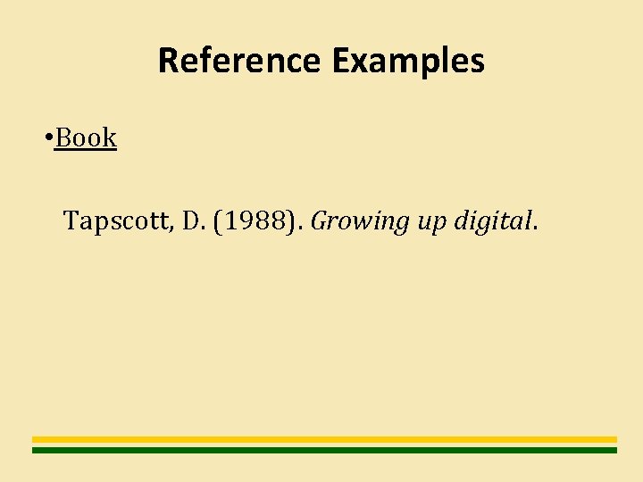 Reference Examples • Book Tapscott, D. (1988). Growing up digital. 