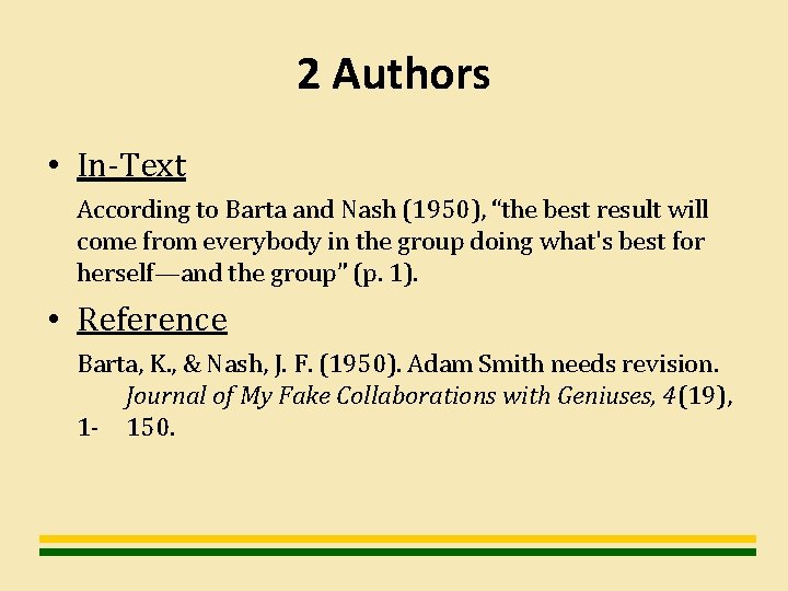 2 Authors • In-Text According to Barta and Nash (1950), “the best result will