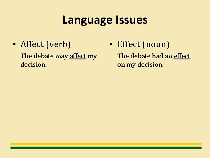 Language Issues • Affect (verb) The debate may affect my decision. • Effect (noun)