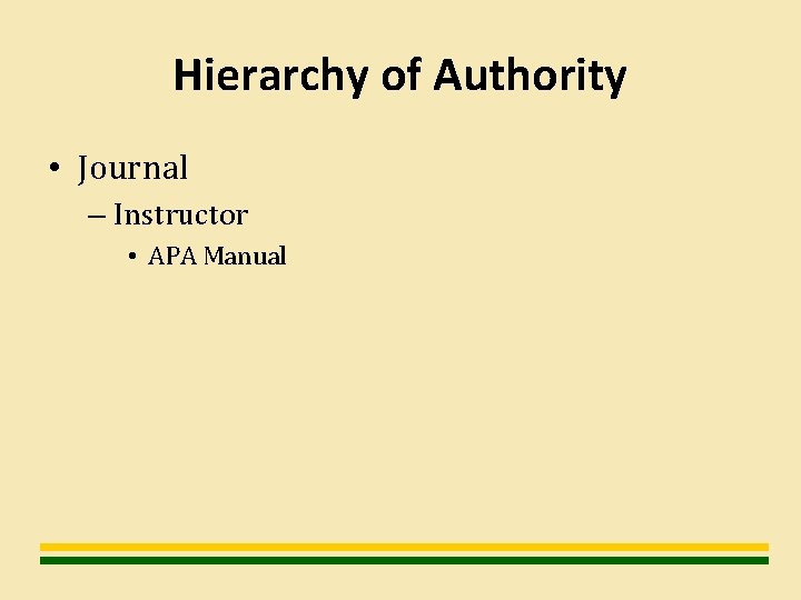 Hierarchy of Authority • Journal – Instructor • APA Manual 