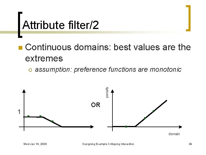 Attribute filter/2 n Continuous domains: best values are the extremes assumption: preference functions are