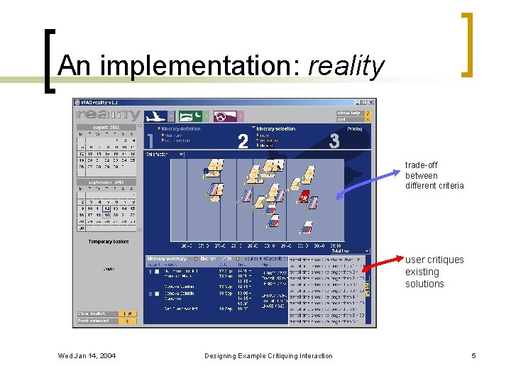 An implementation: reality trade-off between different criteria user critiques existing solutions Wed Jan 14,