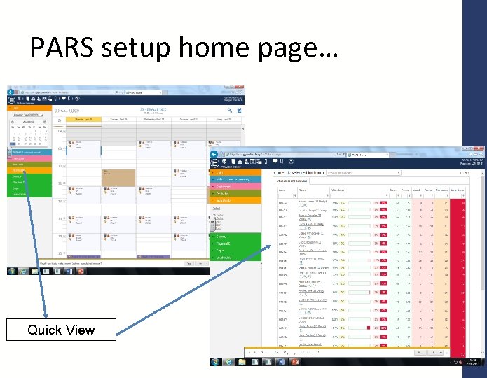 PARS setup home page… Quick View 