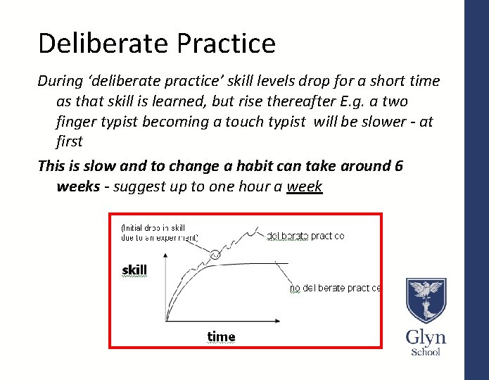 Deliberate Practice During ‘deliberate practice’ skill levels drop for a short time as that