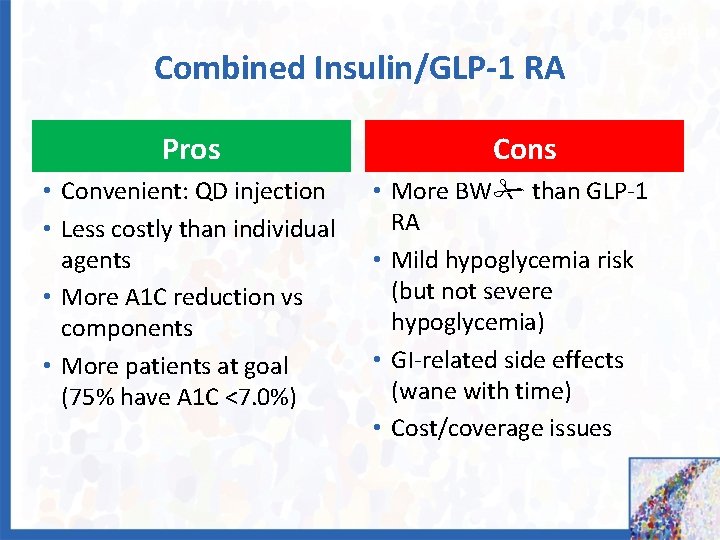 GLP-1 R Combined Insulin/GLP-1 RA Pros • Convenient: QD injection • Less costly than