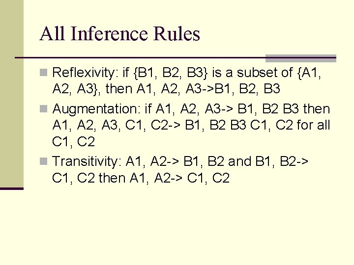 All Inference Rules n Reflexivity: if {B 1, B 2, B 3} is a All Inference Rules n Reflexivity: if {B 1, B 2, B 3} is a