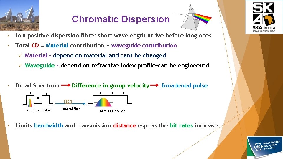 Chromatic Dispersion • In a positive dispersion fibre: short wavelength arrive before long ones