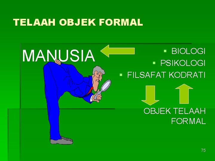 TELAAH OBJEK FORMAL MANUSIA § BIOLOGI § PSIKOLOGI § FILSAFAT KODRATI OBJEK TELAAH FORMAL