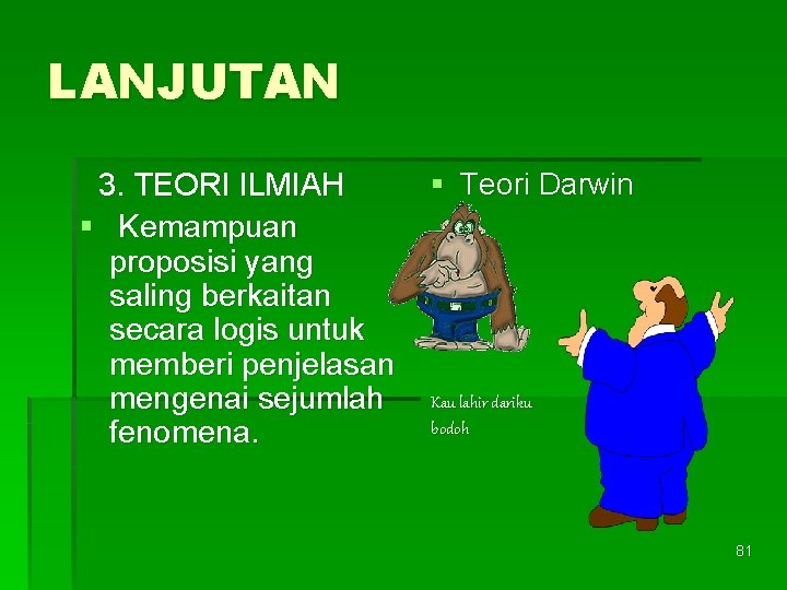 LANJUTAN 3. TEORI ILMIAH § Kemampuan proposisi yang saling berkaitan secara logis untuk memberi