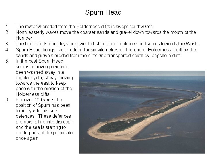 Spurn Head 1. 2. 3. 4. 5. 6. The material eroded from the Holderness