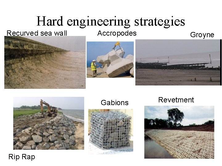 Hard engineering strategies Recurved sea wall Accropodes Gabions Rip Rap Groyne Revetment 