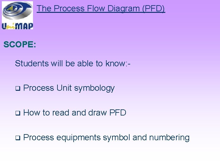 The Process Flow Diagram (PFD) SCOPE: Students will be able to know: q Process