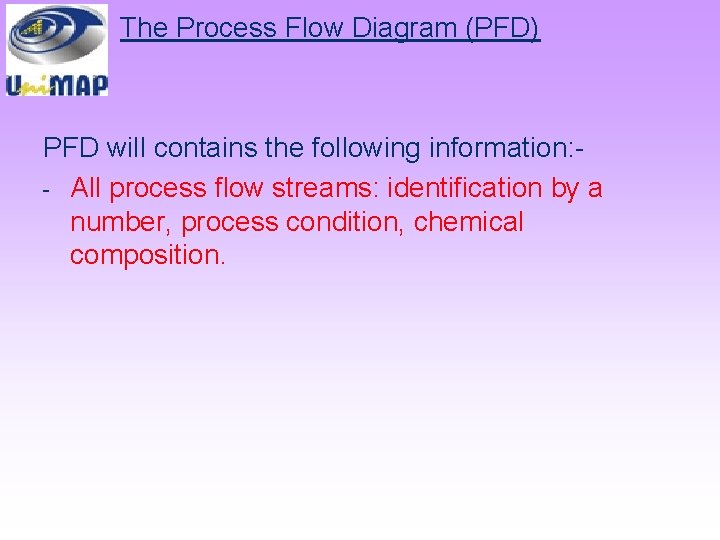 The Process Flow Diagram (PFD) PFD will contains the following information: - All process