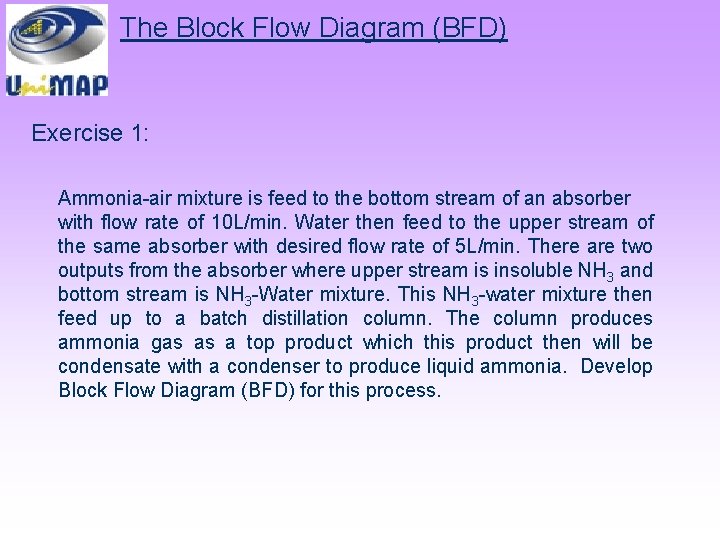 The Block Flow Diagram (BFD) Exercise 1: Ammonia-air mixture is feed to the bottom
