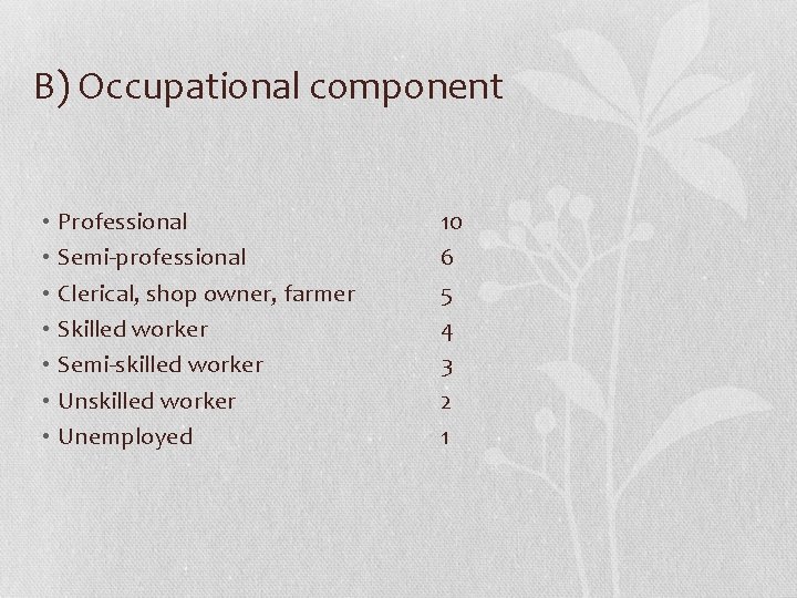 B) Occupational component • Professional • Semi-professional • Clerical, shop owner, farmer • Skilled