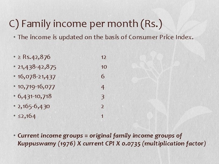 C) Family income per month (Rs. ) • The income is updated on the