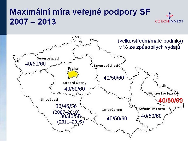 Maximální míra veřejné podpory SF 2007 – 2013 (velké/střední/malé podniky) v % ze způsobilých