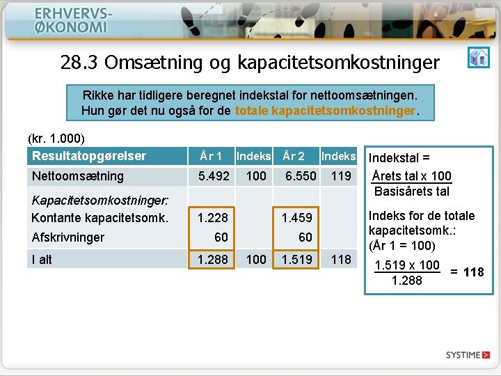 28. 3 Omsætning og kapacitetsomkostninger Rikke har tidligere beregnet indekstal for nettoomsætningen. Hun gør