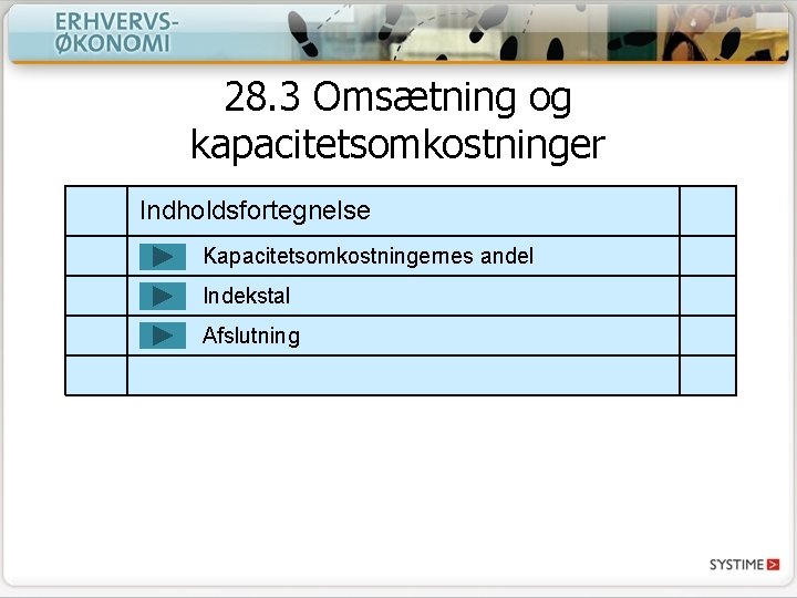 28. 3 Omsætning og kapacitetsomkostninger Indholdsfortegnelse Kapacitetsomkostningernes andel Indekstal Afslutning 