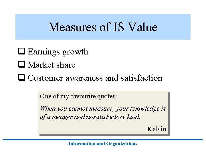 Measures of IS Value q Earnings growth q Market share q Customer awareness and Measures of IS Value q Earnings growth q Market share q Customer awareness and