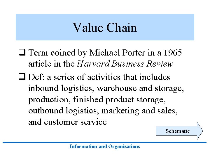 Value Chain q Term coined by Michael Porter in a 1965 article in the Value Chain q Term coined by Michael Porter in a 1965 article in the