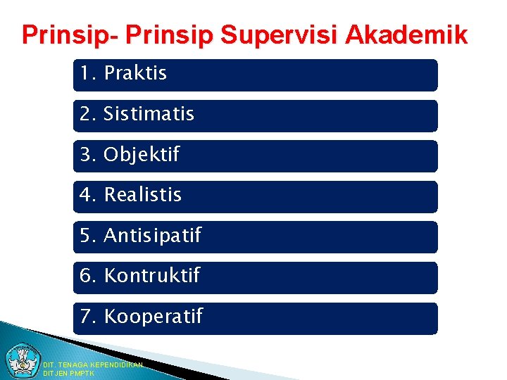Prinsip- Prinsip Supervisi Akademik 1. Praktis 2. Sistimatis 3. Objektif 4. Realistis 5. Antisipatif