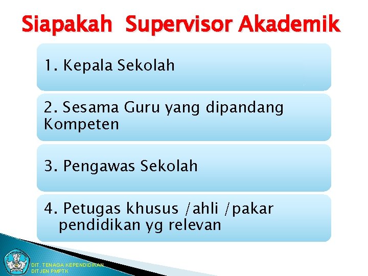 Siapakah Supervisor Akademik 1. Kepala Sekolah 2. Sesama Guru yang dipandang Kompeten 3. Pengawas