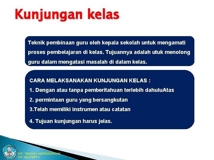 Kunjungan kelas Teknik pembinaan guru oleh kepala sekolah untuk mengamati proses pembelajaran di kelas.