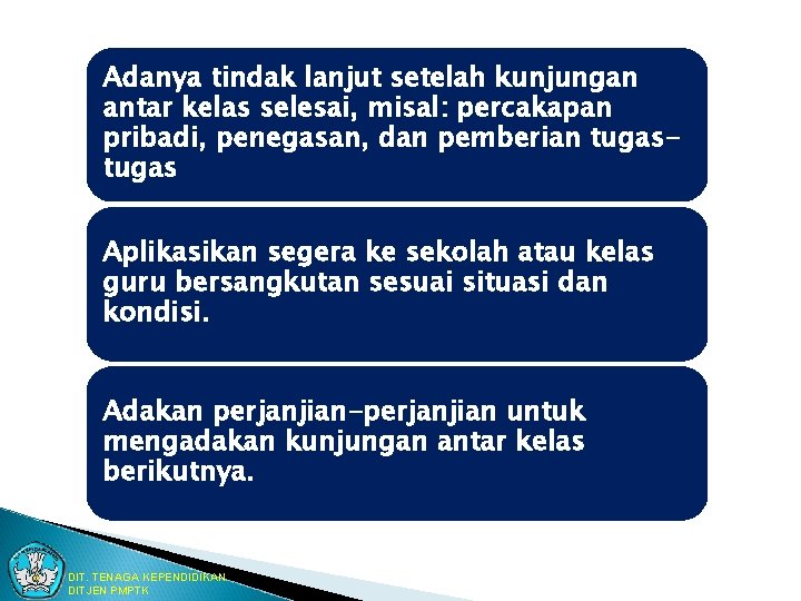 Adanya tindak lanjut setelah kunjungan antar kelas selesai, misal: percakapan pribadi, penegasan, dan pemberian Adanya tindak lanjut setelah kunjungan antar kelas selesai, misal: percakapan pribadi, penegasan, dan pemberian