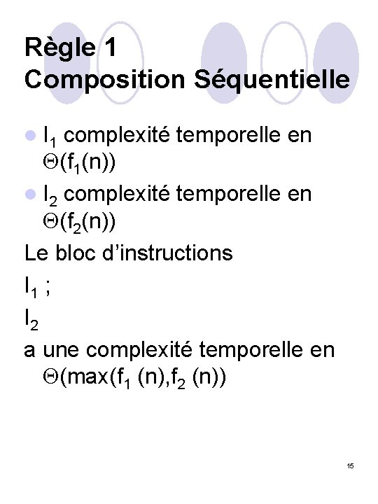 Règle 1 Composition Séquentielle l I 1 complexité temporelle en (f 1(n)) l I