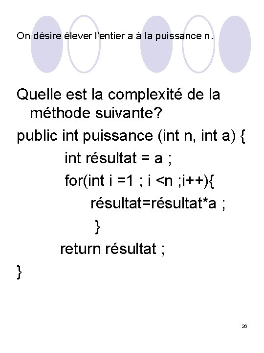 On désire élever l'entier a à la puissance n . Quelle est la complexité