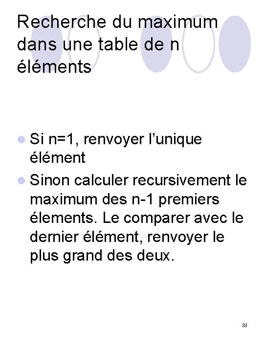 Recherche du maximum dans une table de n éléments l Si n=1, renvoyer l’unique